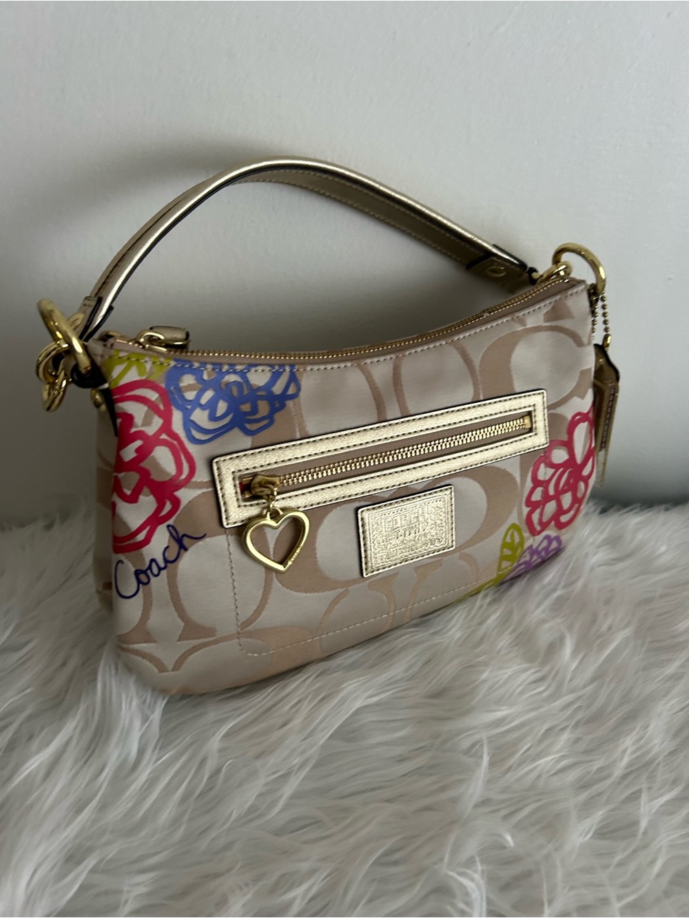 Coach Beige Signature Shoulder Bag with Pink Purple Green Floral Accents - Picture 11 of 16
